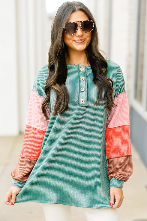 Button Henley Patchwork Textured Knit Balloon Sleeve Top Longline Casual